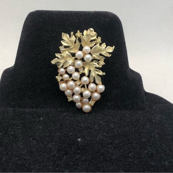 Vintage Mid-Century Amber Aurora Borealis Spray Brooch Pearl Flower Gold-Tone - Picture 2 of 7